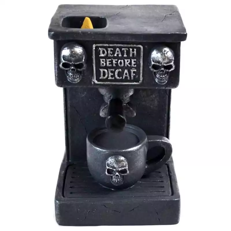 5-inch resin espresso coffee machine backflow incense burner sculpted to resemble a miniature espresso maker, showing detailed appliance design with backflow cone chamber on a white background