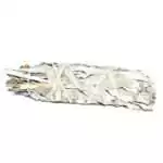 5 inch hand-wrapped white sage smudge stick bundle bound with natural twine on a plain background, longer than standard size