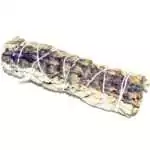 5 inch white sage and lavender smudge stick with purple lavender flowers visible alongside sage leaves, wrapped with natural twine