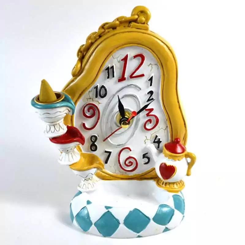 6.5-inch Mad Tea Party clock backflow incense burner with ceramic teacups, clock face, and playing card details in colorful painted finish