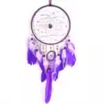 Dream catcher wall hanging featuring amethyst and rose quartz stone beads with soft pink and purple feather tassels, 6.75 x 22 inches