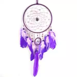 Dream catcher wall hanging featuring amethyst and rose quartz stone beads with soft pink and purple feather tassels, 6.75 x 22 inches