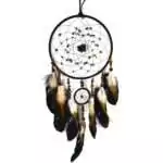 Dream catcher wall hanging with black obsidian and tiger eye stone beads, dark feather tassels, measuring 6.75 x 22 inches