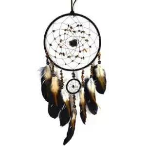 Dream catcher wall hanging with black obsidian and tiger eye stone beads, dark feather tassels, measuring 6.75 x 22 inches
