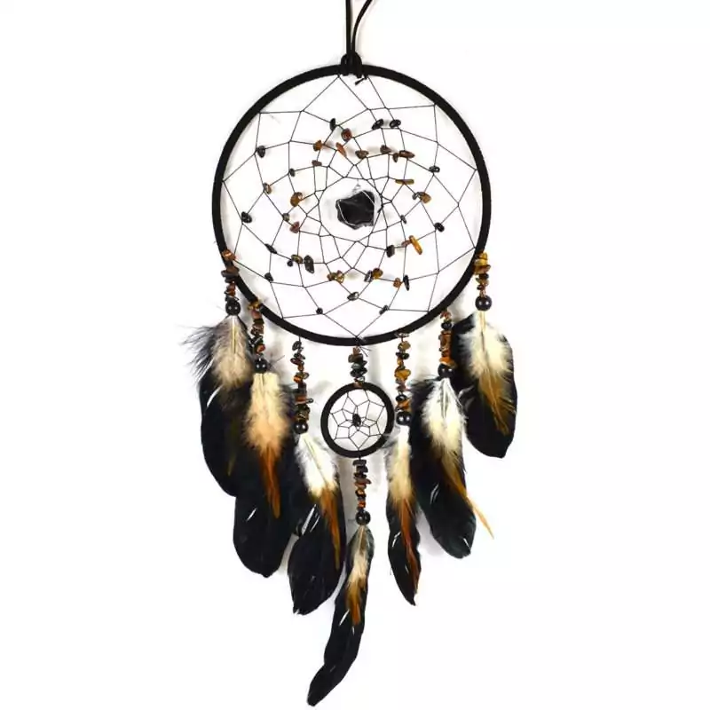 Dream catcher wall hanging with black obsidian and tiger eye stone beads, dark feather tassels, measuring 6.75 x 22 inches