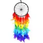 Large chakra dream catcher wall hanging with seven rainbow-colored rings and feather tassels, 6.75 by 22 inches