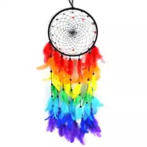 Large chakra dream catcher wall hanging with seven rainbow-colored rings and feather tassels, 6.75 by 22 inches