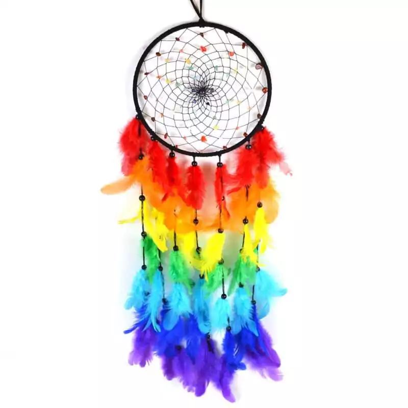 6-34quot-x-22quot-Chakra-dream-catcher-RDC065 Large chakra dream catcher wall hanging with seven rainbow-colored rings and feather tassels, 6.75 by 22 inches