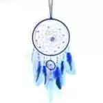 Dreamcatcher wall hanging with lapis lazuli and aquamarine blue stone beads, blue and teal feather tassels, 6.75 x 22 inches
