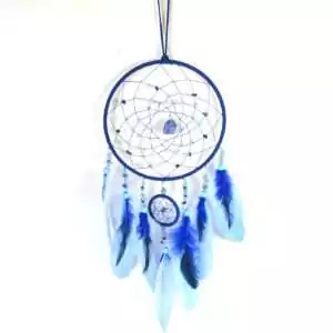 Dreamcatcher wall hanging with lapis lazuli and aquamarine blue stone beads, blue and teal feather tassels, 6.75 x 22 inches
