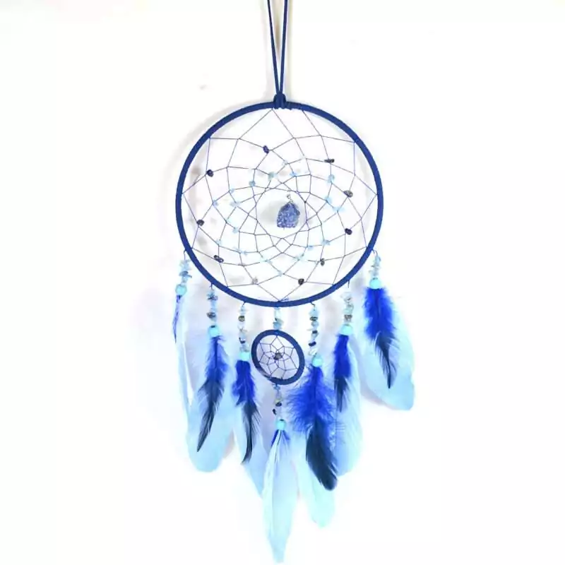 Dreamcatcher wall hanging with lapis lazuli and aquamarine blue stone beads, blue and teal feather tassels, 6.75 x 22 inches