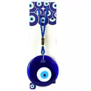 Round 60mm blue-and-white concentric evil eye nazar disc wall hanging with cord loop, shown flat on plain white background