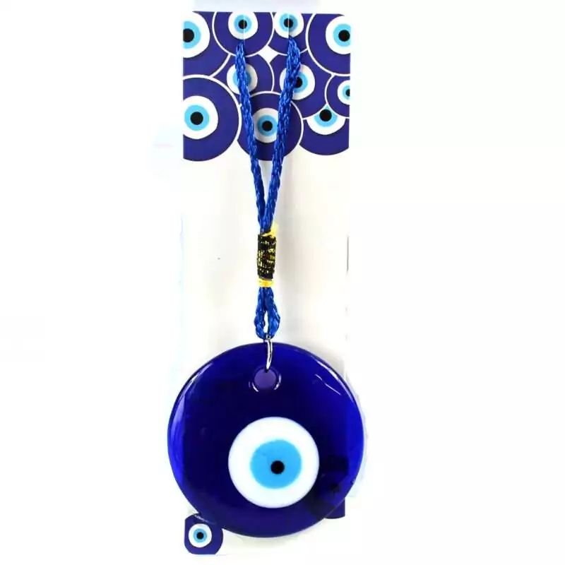 60mm-Evil-Eye-wall-hanging-FWH013 Round 60mm blue-and-white concentric evil eye nazar disc wall hanging with cord loop, shown flat on plain white background