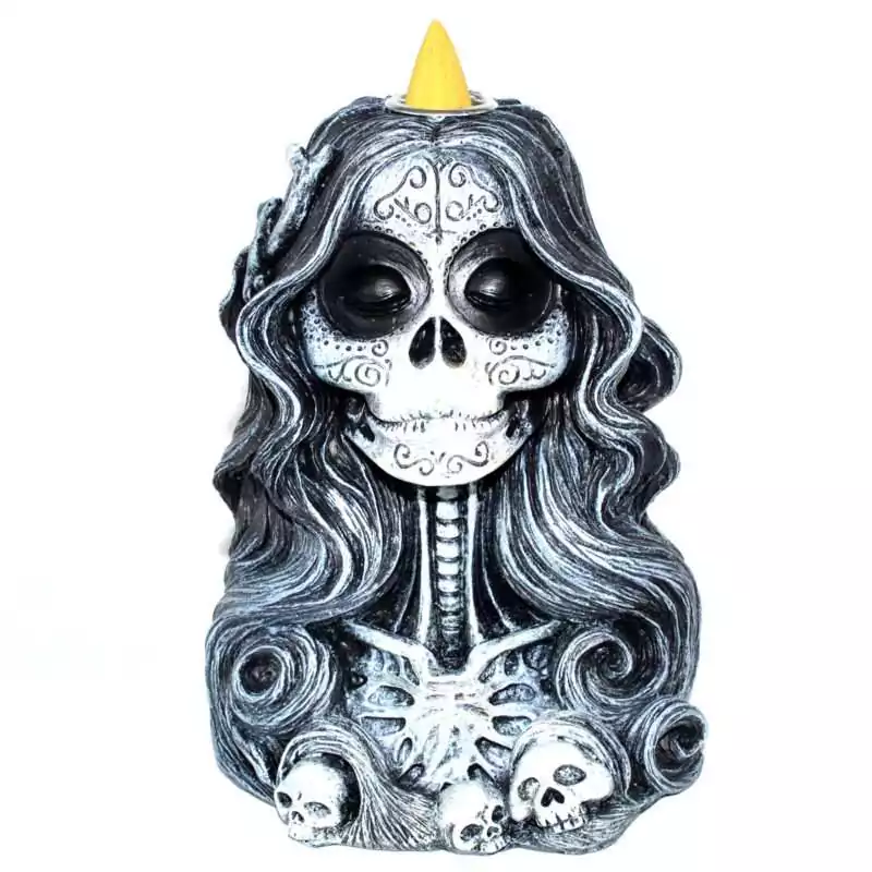 6quot-Santa-Muerte-back-flow-incense-burner-IBF037 6-inch resin Santa Muerte backflow incense burner depicting a robed skeletal female figure with detailed folk art styling, showing backflow cone hole on a white background