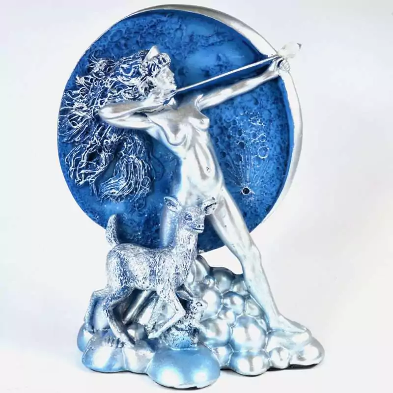 7-14quot-Diana-Moon-Goddess-SD3128 7.25 inch resin statue of Diana the Roman moon goddess holding a bow, with crescent moon motif, on a plain background