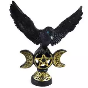 7.25 inch resin statue of a black crow in flight perched on a five-pointed pentagram star on a plain background