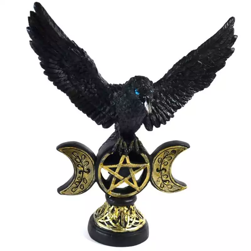 7-14quot-Flying-Crow-on-Pentagram-SF3493 7.25 inch resin statue of a black crow in flight perched on a five-pointed pentagram star on a plain background