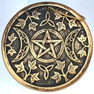 7.75 inch wide wall plaque showing the triple moon symbol with waxing crescent, full moon, and waning crescent in relief