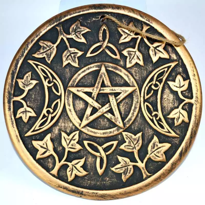 7-34quot-Triple-Moon-wall-plaque-ST3860 7.75 inch wide wall plaque showing the triple moon symbol with waxing crescent, full moon, and waning crescent in relief