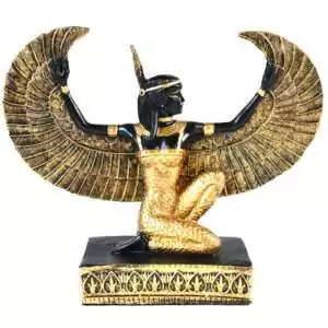 8.5 inch resin Maat goddess statue with open wings and an ostrich feather headdress, in Egyptian style on plain background