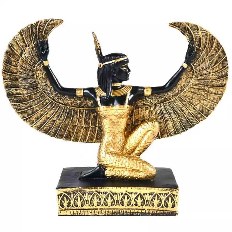 8-12quot-Maat-W-Open-Wings-SM9237 8.5 inch resin Maat goddess statue with open wings and an ostrich feather headdress, in Egyptian style on plain background