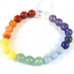 8mm seven-stone chakra stretch bracelet with seven distinct colored crystal beads representing each chakra from red to violet, on elastic cord, shown on neutral background