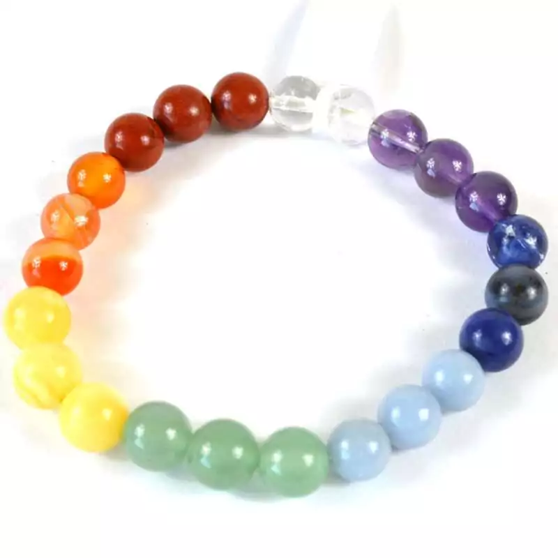 8mm-Chakra-bracelet-JB8502 8mm seven-stone chakra stretch bracelet with seven distinct colored crystal beads representing each chakra from red to violet, on elastic cord, shown on neutral background