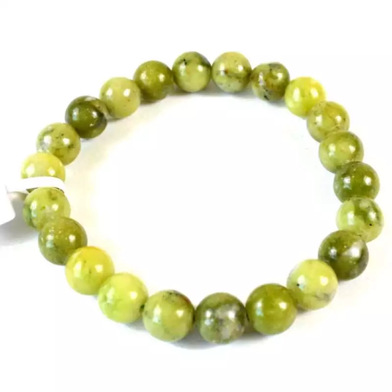 8mm-Chinese-Jade-bracelet-JB8212 8mm Chinese jade beaded stretch bracelet with smooth round medium-green jade beads on elastic cord, shown on plain background