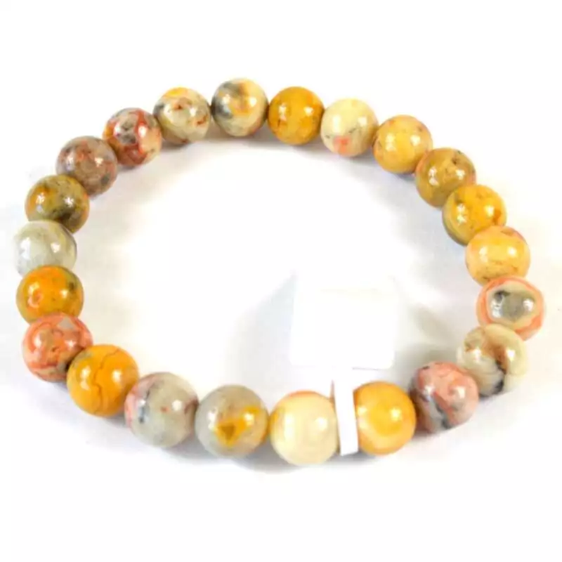 Eight millimeter crazy lace agate beaded stretch bracelet showing cream, red, and golden swirling banded stone pattern on a white background