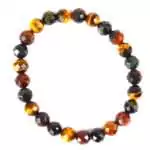 8mm faceted tricolor tiger eye stretch bracelet with polished golden-brown, red, and blue-grey faceted beads catching light, shown on plain background