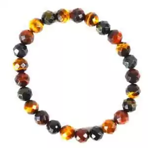 8mm faceted tricolor tiger eye stretch bracelet with polished golden-brown, red, and blue-grey faceted beads catching light, shown on plain background