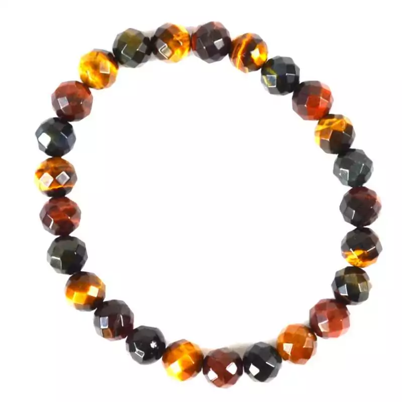 8mm faceted tricolor tiger eye stretch bracelet with polished golden-brown, red, and blue-grey faceted beads catching light, shown on plain background