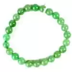 Eight millimeter green aventurine beaded stretch bracelet with translucent sparkling green fuchsite-flecked stone beads on a white background