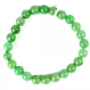 Eight millimeter green aventurine beaded stretch bracelet with translucent sparkling green fuchsite-flecked stone beads on a white background