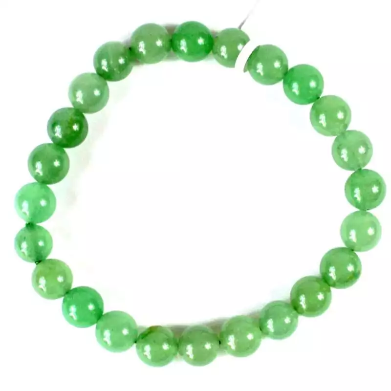 8mm-Green-Aventurine-JB8752 Eight millimeter green aventurine beaded stretch bracelet with translucent sparkling green fuchsite-flecked stone beads on a white background