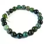 Eight millimeter green moss agate beaded stretch bracelet with natural green and white stone patterning on a white background