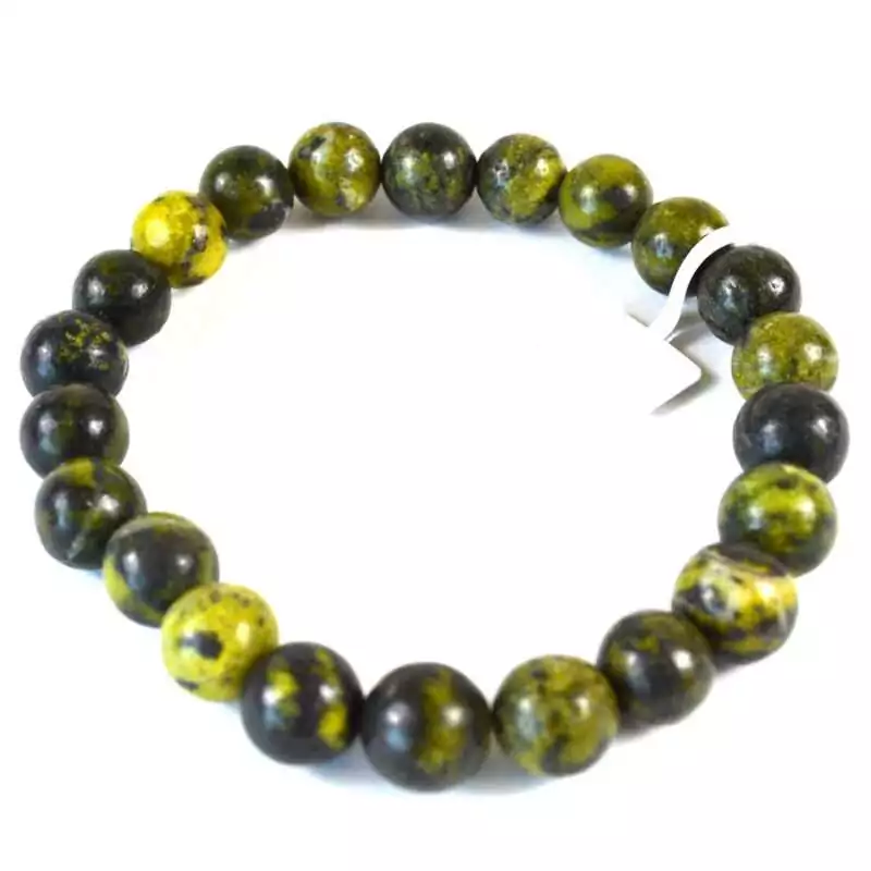 Eight millimeter green serpentine beaded stretch bracelet with mottled olive and dark green natural stone pattern on a white surface