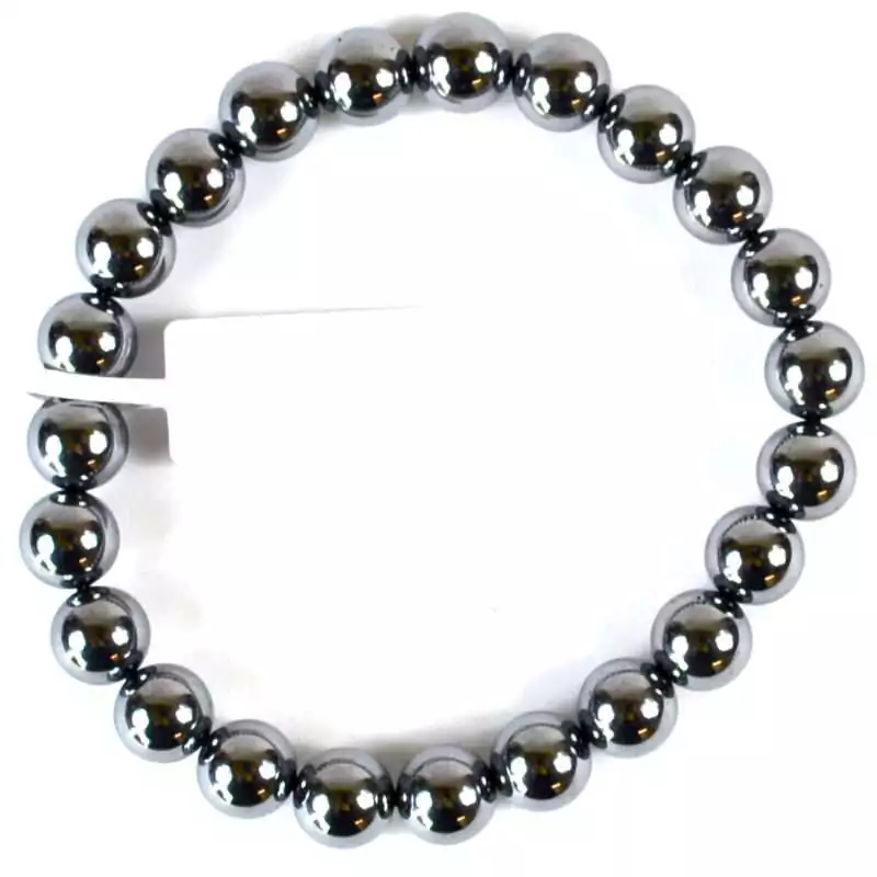 Eight millimeter terahertz silicon crystal beaded stretch bracelet with uniform dark metallic grey polished beads on a white background