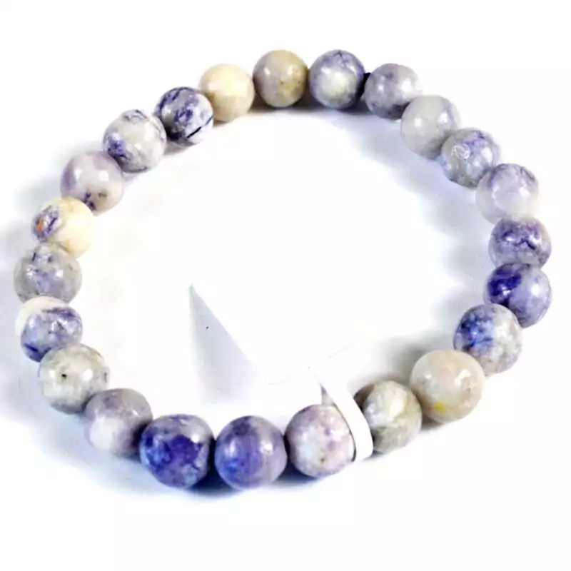8mm-Tiffany-Stone-JB8703 Eight millimeter Tiffany stone beaded stretch bracelet with lavender, cream, and purple swirled opalized fluorite beads on a white background