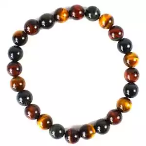 8mm tricolor tiger eye stretch bracelet with alternating golden-brown, red, and blue-grey banded beads on elastic cord, shown on neutral background