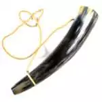 Approximately 9-inch natural buffalo blowing horn in undecorated cream and brown tones showing organic taper and natural horn texture