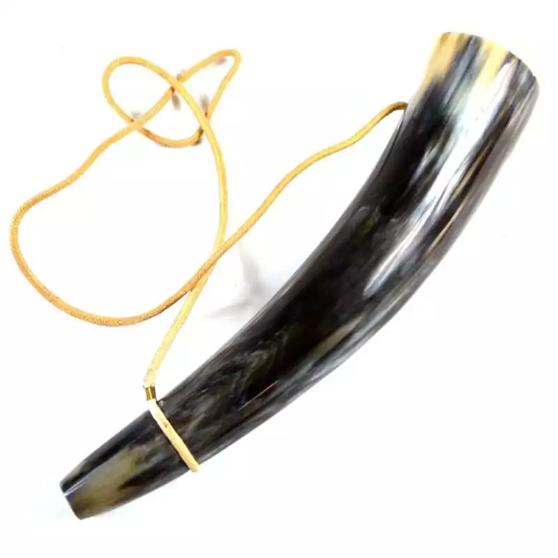 9quot-Viking-Buffalo-Blowing-Horn-FHMM17 Approximately 9-inch natural buffalo blowing horn in undecorated cream and brown tones showing organic taper and natural horn texture