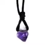Natural purple amethyst crystal pendant hanging on an adjustable waxed cord necklace displayed against a white background