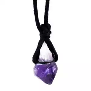 Natural purple amethyst crystal pendant hanging on an adjustable waxed cord necklace displayed against a white background
