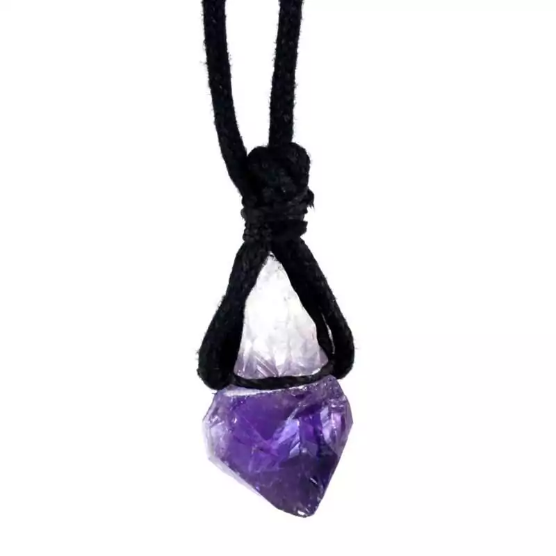 Amethyst-W-cord-necklace-JNAME Natural purple amethyst crystal pendant hanging on an adjustable waxed cord necklace displayed against a white background