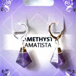 Pair of amethyst crystal stone drop earrings with silver-toned click hoop closures displayed on a white background