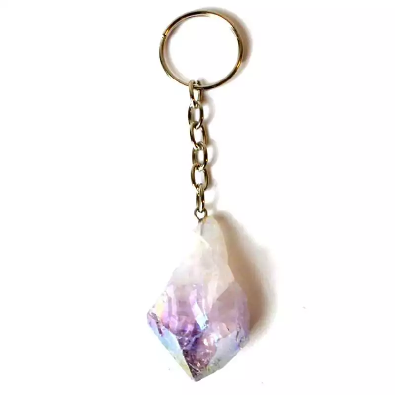 Amethyst-plated-aura-keychain-JKAMEA Natural amethyst crystal keychain with iridescent metallic aura plating showing purple and rainbow sheen on a white background