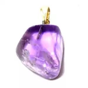 Polished purple amethyst tumbled stone pendant on a cord necklace, shown against a white background.
