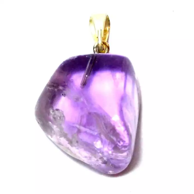 Polished purple amethyst tumbled stone pendant on a cord necklace, shown against a white background.