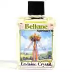 Small 4 dram glass ritual oil bottle labeled Beltane, photographed on a plain background.